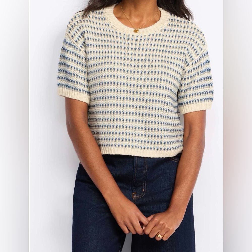 Cropped Short-Sleeve Knit Tee in Cream and Blue